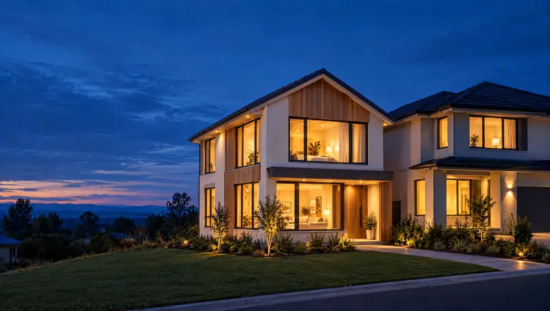A finished two storey home with warm lit windows at dusk, from the home building concept demo
