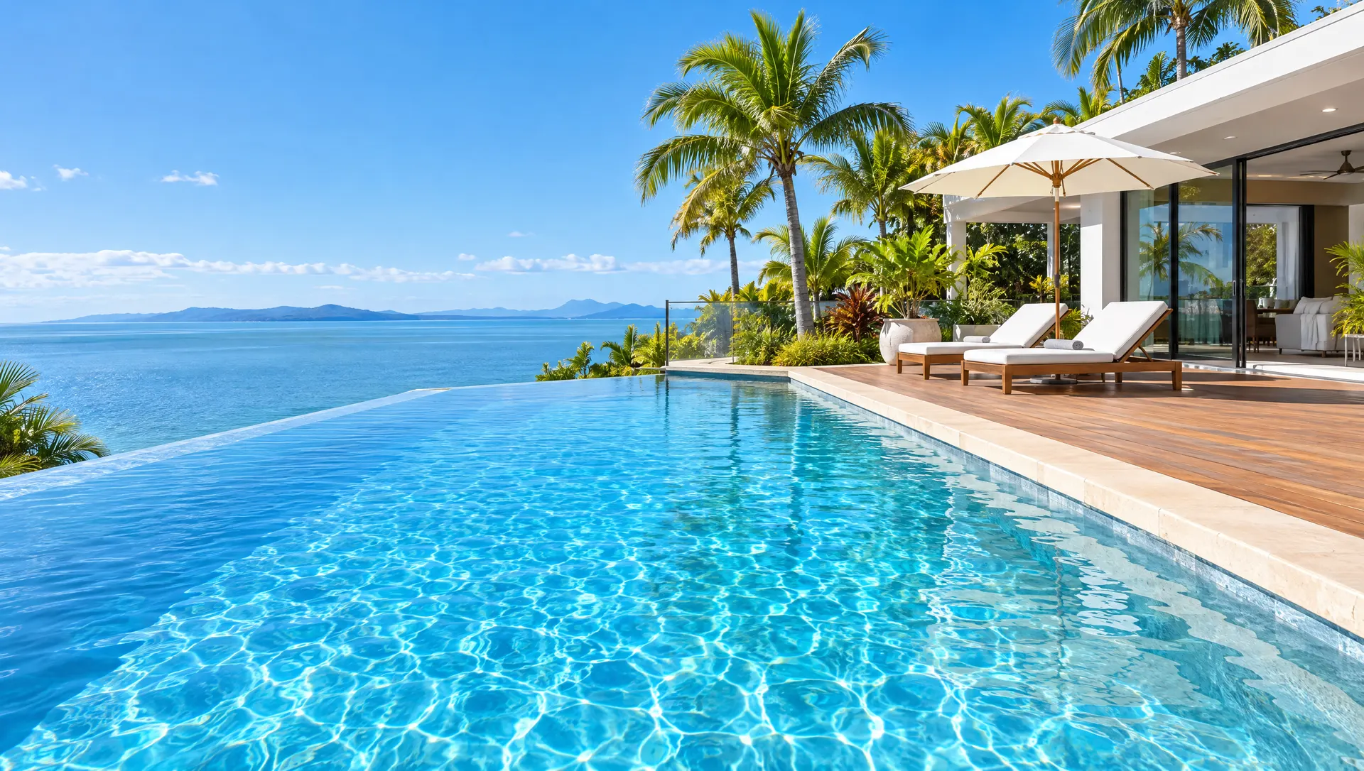 A bright blue infinity pool with timber decking, sun loungers, palms and a modern home overlooking the sea