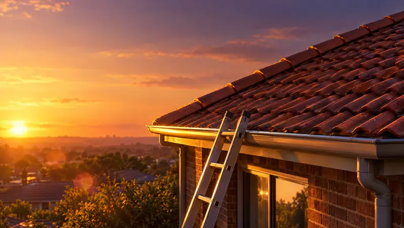 A tiled roof and gutter at golden hour, from the roofing concept demo