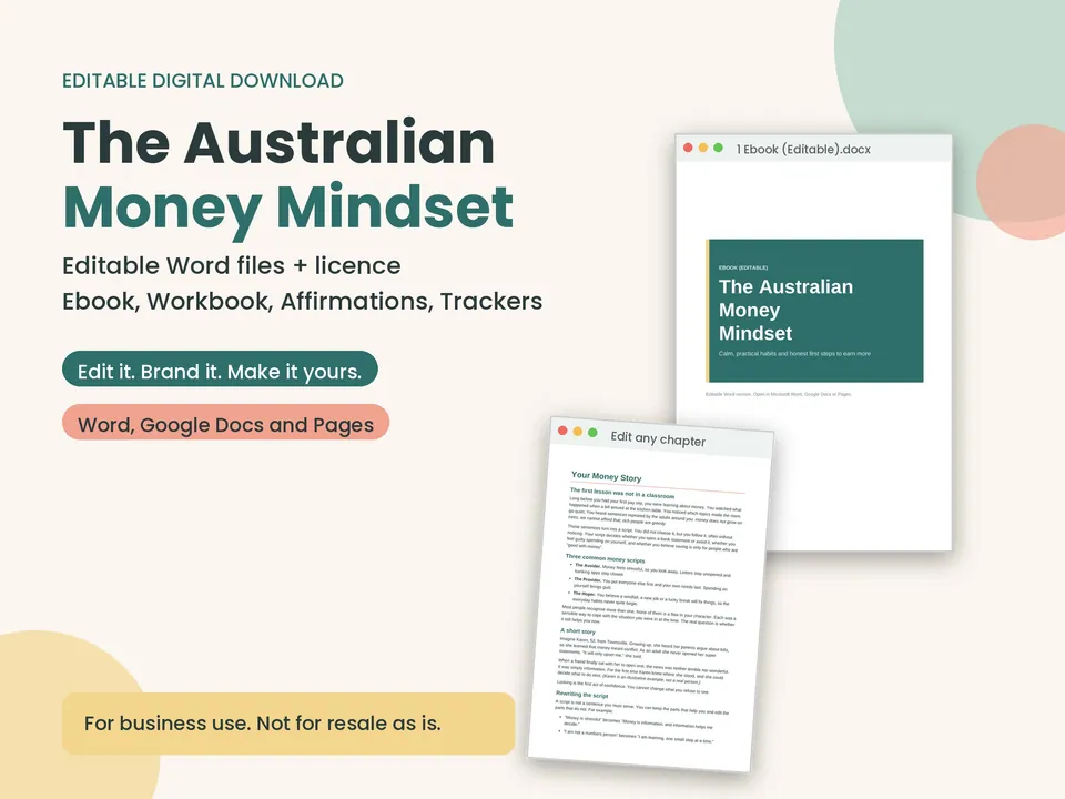The Australian Money Mindset editable pack: an ebook Word document open for editing beside an editable chapter page.