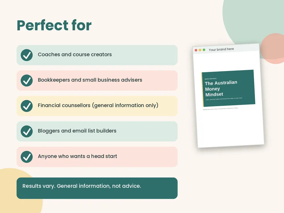 Perfect for: coaches, bookkeepers, financial counsellors, bloggers and anyone who wants a head start.