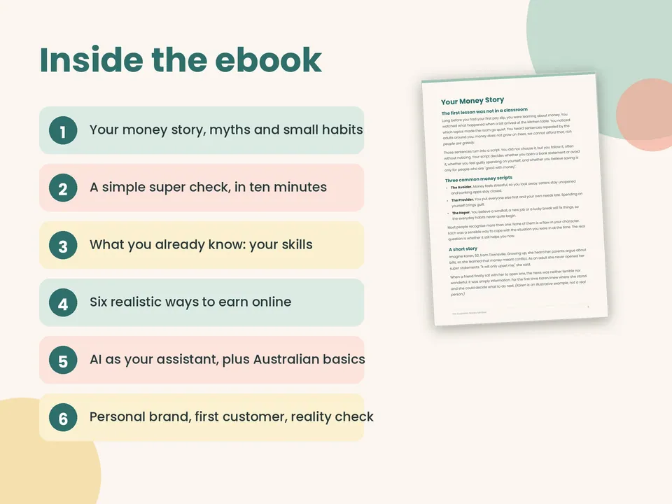 Inside the ebook: six topics, from your money story and a simple super check to your skills, AI as an assistant and a reality check.