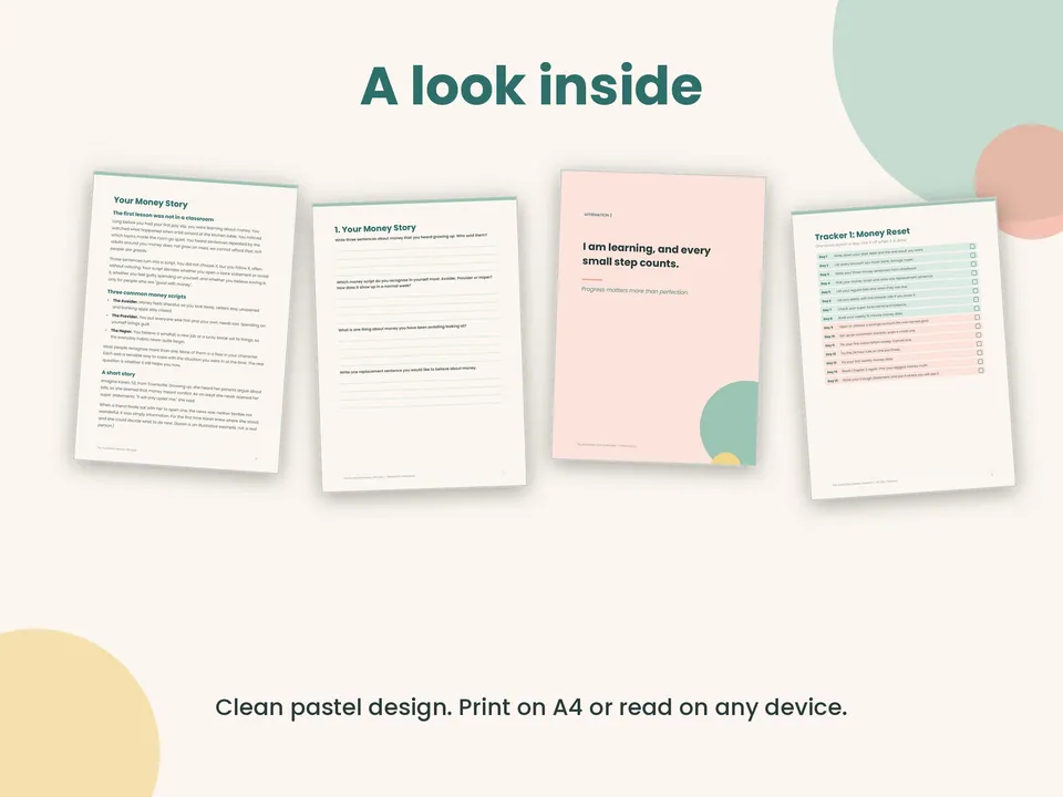A look inside: sample pages from the ebook, workbook, affirmations and money reset tracker.