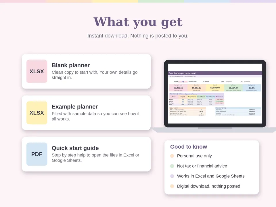 What you get: a blank planner, an example planner with sample data and a quick start guide.
