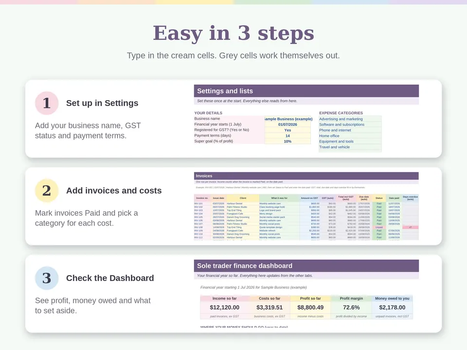 Easy in three steps: set up your details in Settings, add invoices and costs, then check the dashboard.