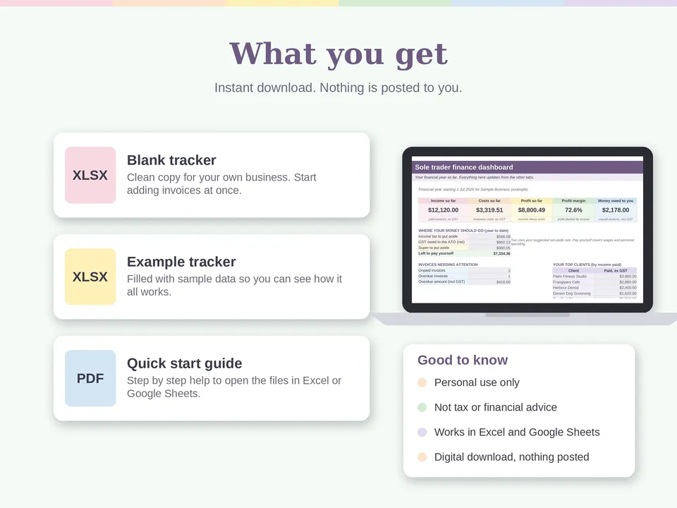 What you get: a blank tracker, an example tracker with sample data and a quick start guide.
