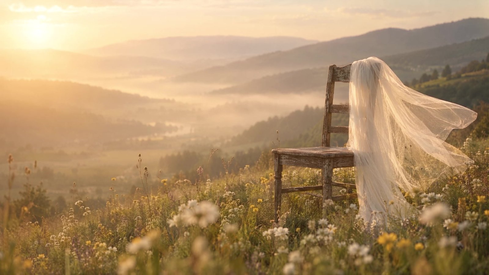 A veil draped over a timber chair in a meadow