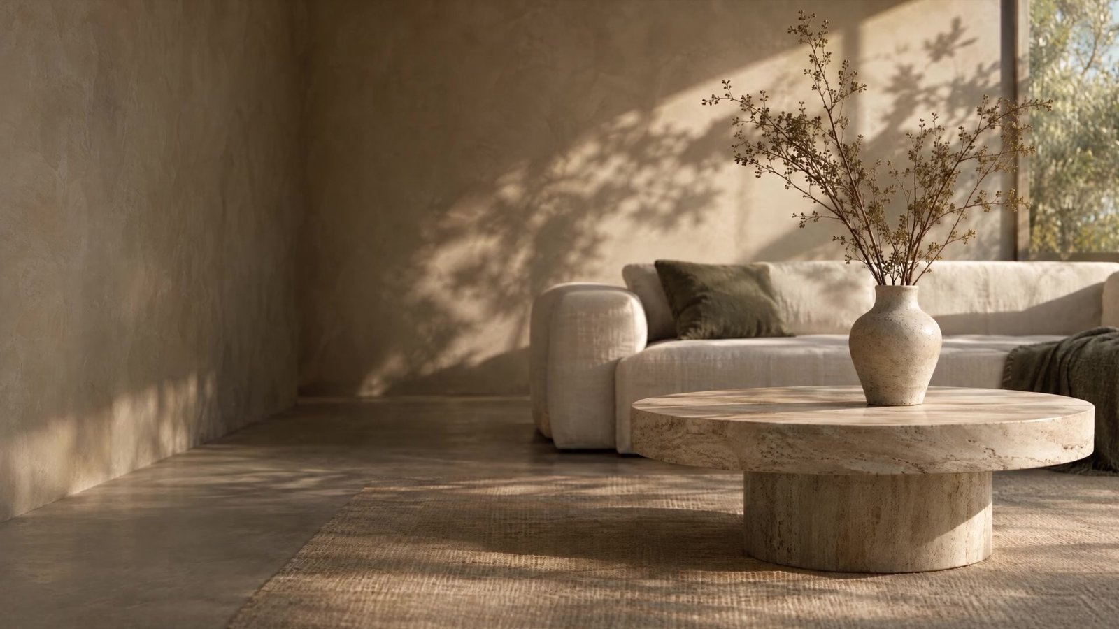 Travertine table with a vase of dried branches