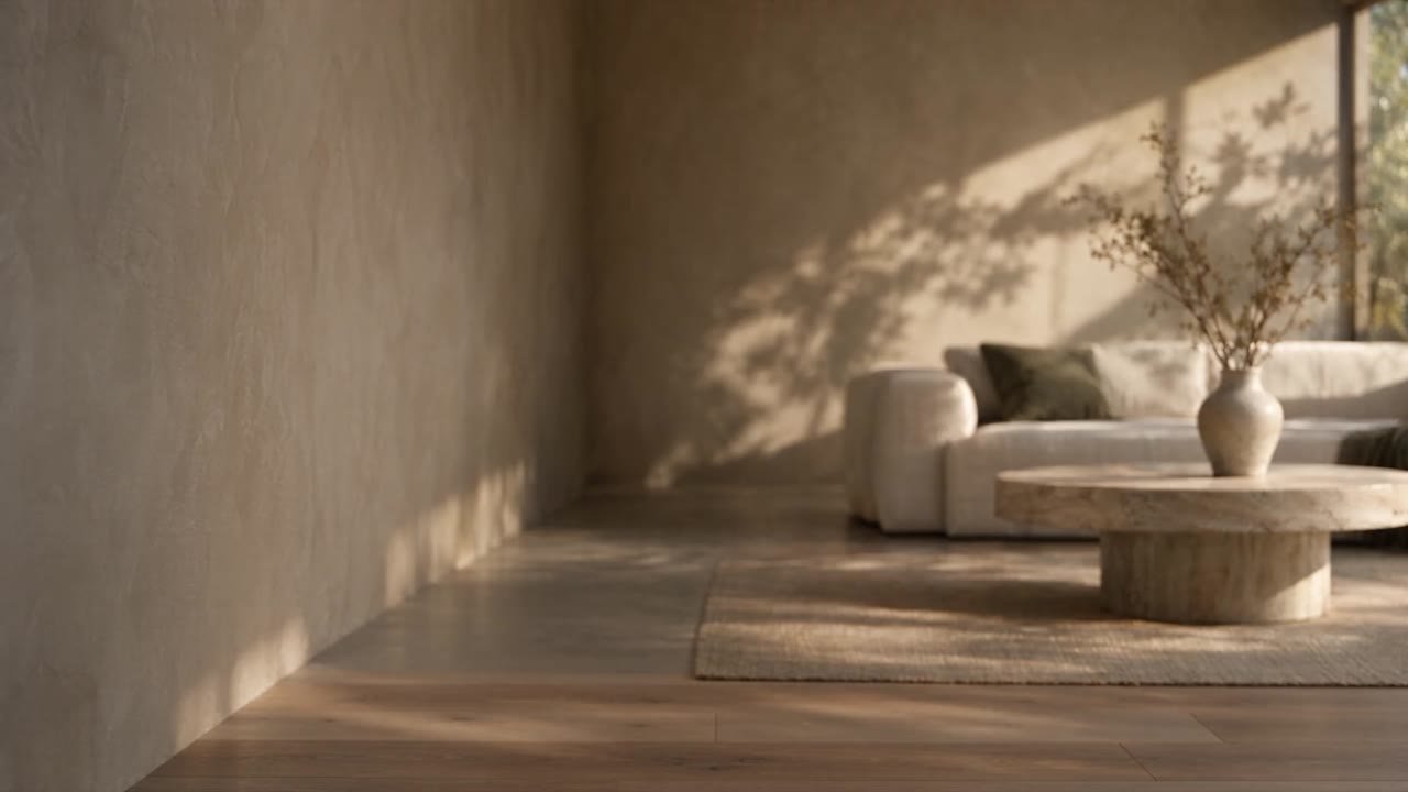 Sunlit living room seen through a doorway